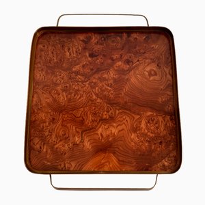 Italian Serving Tray in Burl Veneer and Brass in the style of Gabriella Crespi, 1980s