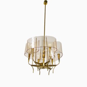 Vintage Pendant Lamp with Violet Acrylic Glass Shades and Brass Structure from Stilux Milano, 1960s