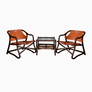 Modern Danish Bamboo and Leather Lounge Chairs & Table by Horsnæs, 1960s, Set of 3
