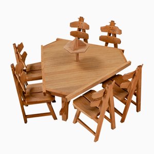 Brutalist Dining Set with Oak Chairs and Large Triangular Table with Etagere, the Netherlands, 1960s, Set of 8