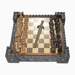 Ceramic Medieval Chessboard & Pieces, 1970s