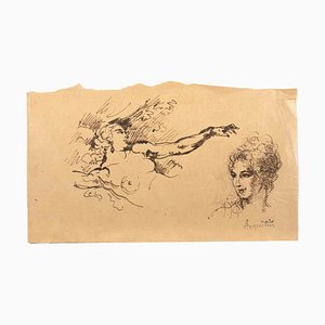 Louis Anquetin, Nude and Portrait, Ink Drawing, Early 20th Century