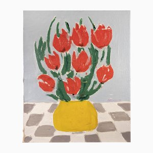 Claude Decamps, Bodegón con flores rojas, pintura al óleo, años 70