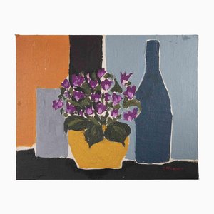 Claude Deschamps, Bodegón con jarrón de flores, pintura al óleo, años 50