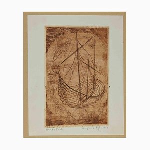 V. Pyle, Ex-Libris, Boot und Fisch, Radierung, 1954