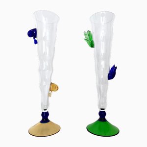 Flauti in vetro di Murano trasparente con dettagli colorati, anni '80, set di 2
