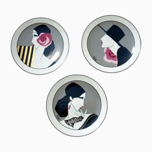 Bavarian Art Deco Revival Fashion Vogue Porcelain Plates, 1980s, Set of 3