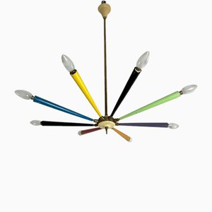 Mid-Century Sputnik 8-Arm Brass and Colored Enamel Chandelier in the style of Arredoluce, 1950s