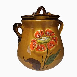 Antiker Topf aus Fayence mit Griff und Blumendekor, 1950er