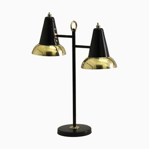 Lampada Mid-Century regolabile in ottone con doppio paralume attribuita a Jacques Biny per Luminalité, anni '50