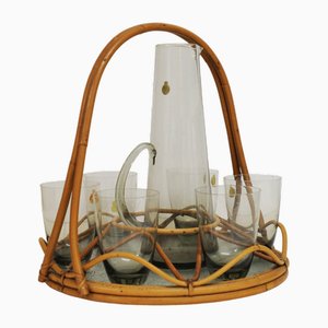 Brocca in vetro da Martini grigio fumo e 6 tazze in vetro su vassoio attribuite a Per Lütken per Holmegaard, anni '60, set di 8
