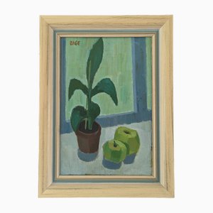 Maceta y manzanas, años 50, pintura al óleo, enmarcado