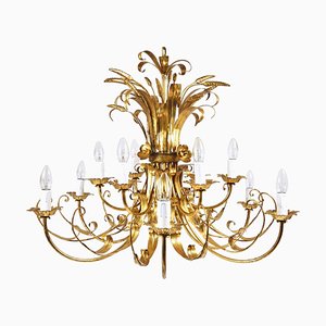 Hollywood Regency Wheat Floral Bouquet Gilt Iron Chandelier by Hans Kögl, 1970s