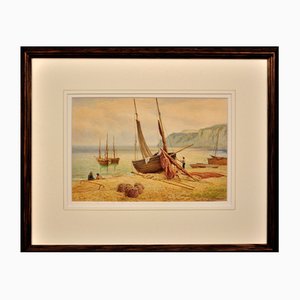 Fred Williamson, Fishing Boats and Fishermen on Beer Beach, East Devon, 1870, Watercolour, Framed