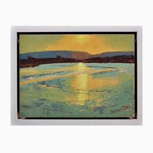 James Fry, Poole Harbour, Purbeck Hills Beyond, Dorset Landscape, Impasto Oil Painting, 1950s, Incorniciato