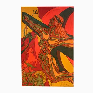 Artista italiano, Crucifixión surrealista, 1980, Técnica mixta sobre lienzo