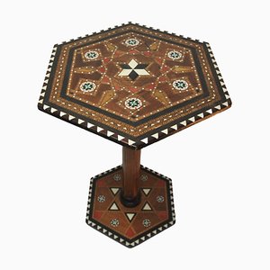 Tavolino da tè esagonale in legno di frutta, damasco, fine XIX secolo