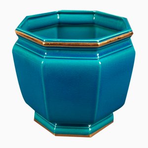 Vaso vintage ottagonale in ceramica turchese e oro craquelé SC3 N.849, Italia, anni '50