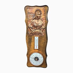 Barometer und Thermometer mit Kupfer-Flachrelief einer Frau, 1930er