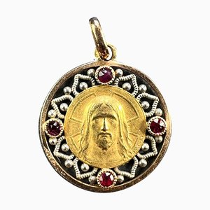 Colgante de medalla con dije de Jesús Cristo francés Vernon en oro amarillo de 18 k y rubí, década de 1890