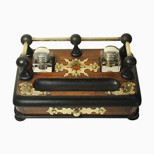 Victorian Ebonised Desk Set with Two Cut Glass Inkwells, Set of 6