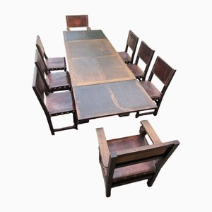 Table with Leather Chairs and Armchairs, 1970s, Set of 9
