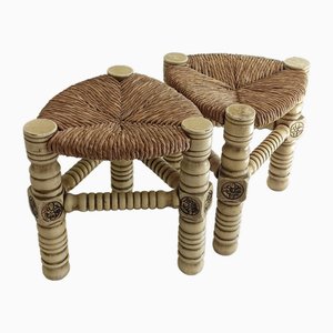 Brutalistische Mid-Century Hocker aus Holz & Naturfaser, 1960er, 2er Set
