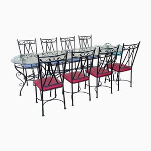 Glass and Iron Table with Pedestal Tables and Chairs, 2000s, Set of 11