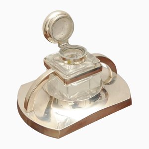 Großer versilberter Art Deco Schreibtisch mit Tintenfass auf Ständer, 2er Set