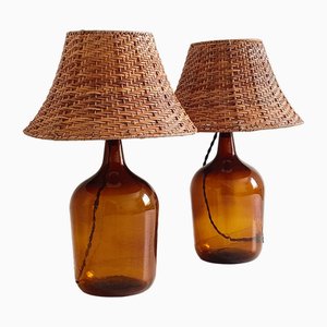 Mid-Century Demijohn and Wicker Table Lamps, 1950s, Set of 2