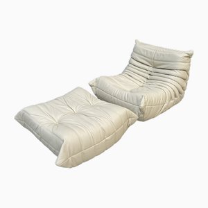 Set of French Togo Lounge Chair with Ottoman in White Leather by Michel Ducaroy for Ligne Roset