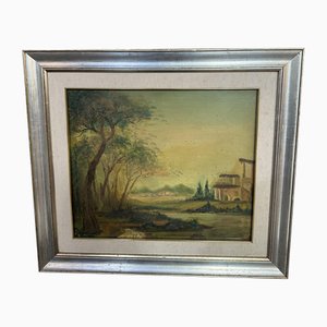 Paesaggio lacustre con fattorie, anni '50, Olio su tela, con cornice