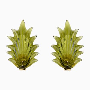 Apliques italianos modernos con hojas de cristal de Murano al estilo de Barovier & Toso, años 80. Juego de 2