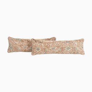 Vintage Pale Wool Rug Lumbar Cushion Covers with Pastel Color, Set of 2