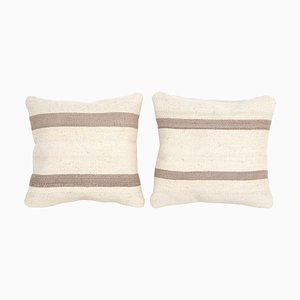 White Organic & Brown Striped Turkish Kilim Cushion Covers, Set of 2