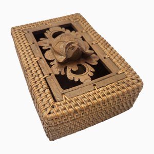 Vintage Rattan Box, Wooden Turtle on Top, 1960s