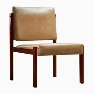 Sedia angolare in teak e pelle con dettagli in rame, anni '70