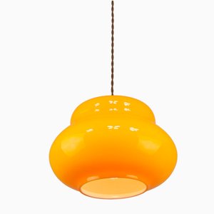 Mid-Century Italian Yellow Glass and Brass Pendant Lamp