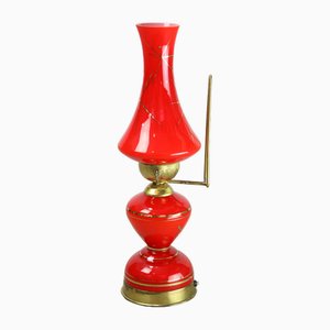 Italienische Mid-Century Tisch- / Wandlampe aus rotem Glas & Messing