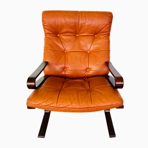 Silla escandinava Mid-Century de cuero coñac atribuida a Oddvin Rykken, años 70