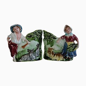 Shepherd and Shepherdess Majolica Flower Vases from HK, 1890s, Set of 2