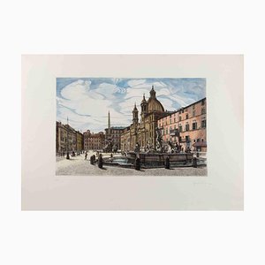 Giuseppe Malandrino, View of Piazza Navona, Etching, 1970s
