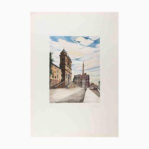 Giuseppe Malandrino, View of Trinità dé Monti, Etching, 1970s