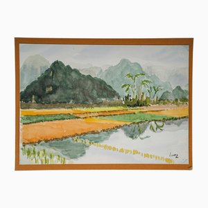 Evelyne Luez, Plantation de Riz dans un Paysage Asiatique, 20e Siècle, Aquarelle