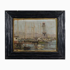 Artista impressionista, Porto di Barcellona con barche a vela, Dipinto ad olio