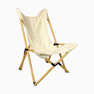 Tumbona plegable italiana moderna de tela blanca de madera Tripolina atribuida a Citterio, años 70