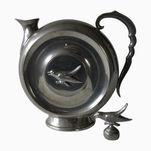 Antique Art Deco Round Jug with Bird from Swedish Tenn, Nyköping, 1920s