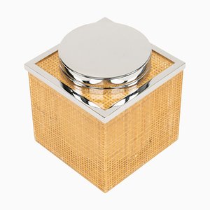 Mid-Century Acrylic Glass, Wicker & Chrome Ice Bucket in the style of Christian Dior, Italy, 1970s