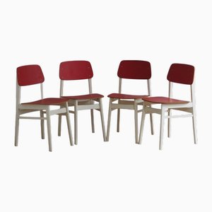 Chaises en Bois Rouge et Blanc, 1960, Set de 4