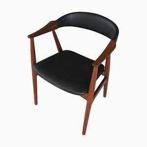 Armchair in Teak and Black Leather by T. H. Harlev for Farstrup Møbler, Reupholstered, 1960s